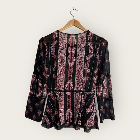 Avec Les Filles | Tie Neck Long Sleeves Printed Blouse | Cordovan Multi | XS - Picture 3 of 12